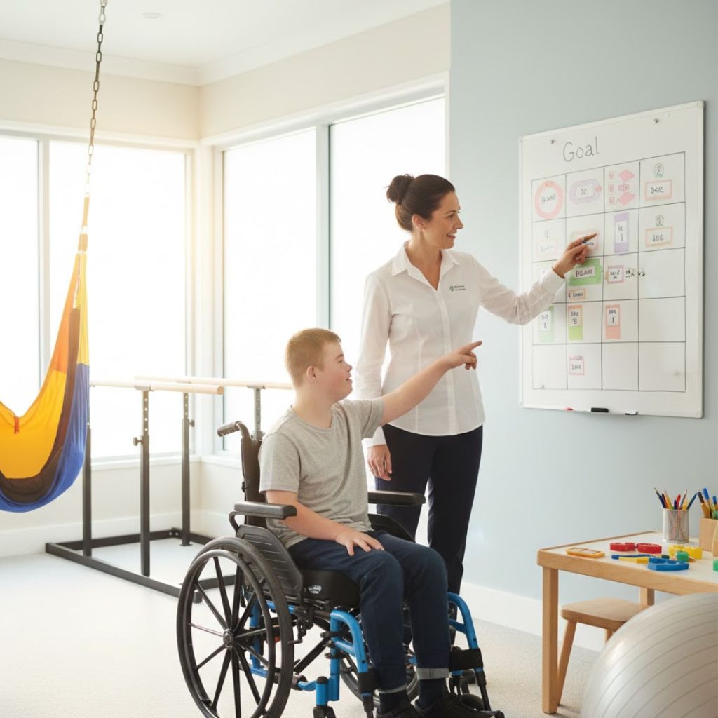 Allied health professional working with NDIS participant during therapy session