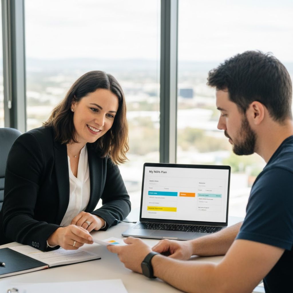 Support coordinator helping NDIS participant in Canberra office