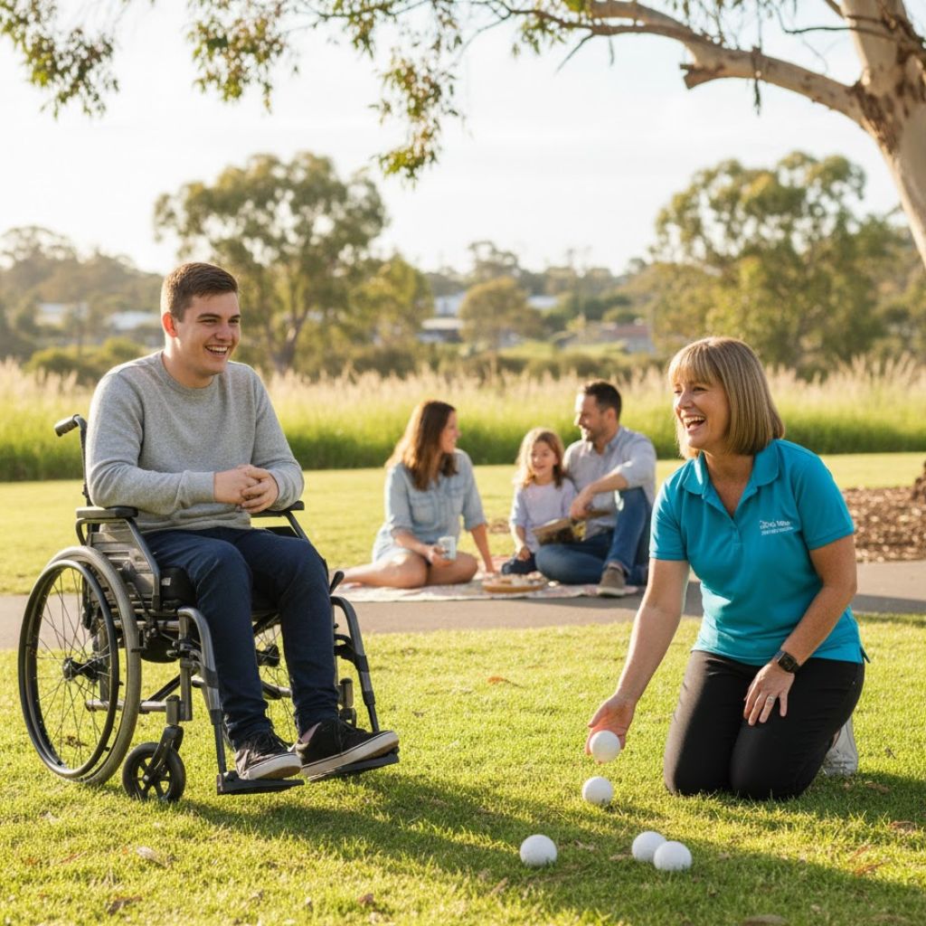 Carer relaxing while NDIS respite support worker assists participant