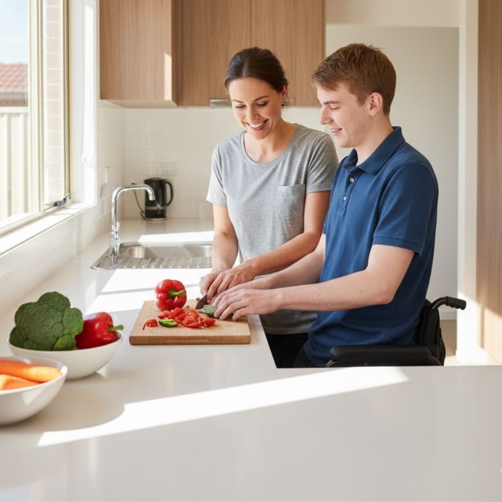 Support worker assisting NDIS participant with meal preparation in their ACT home