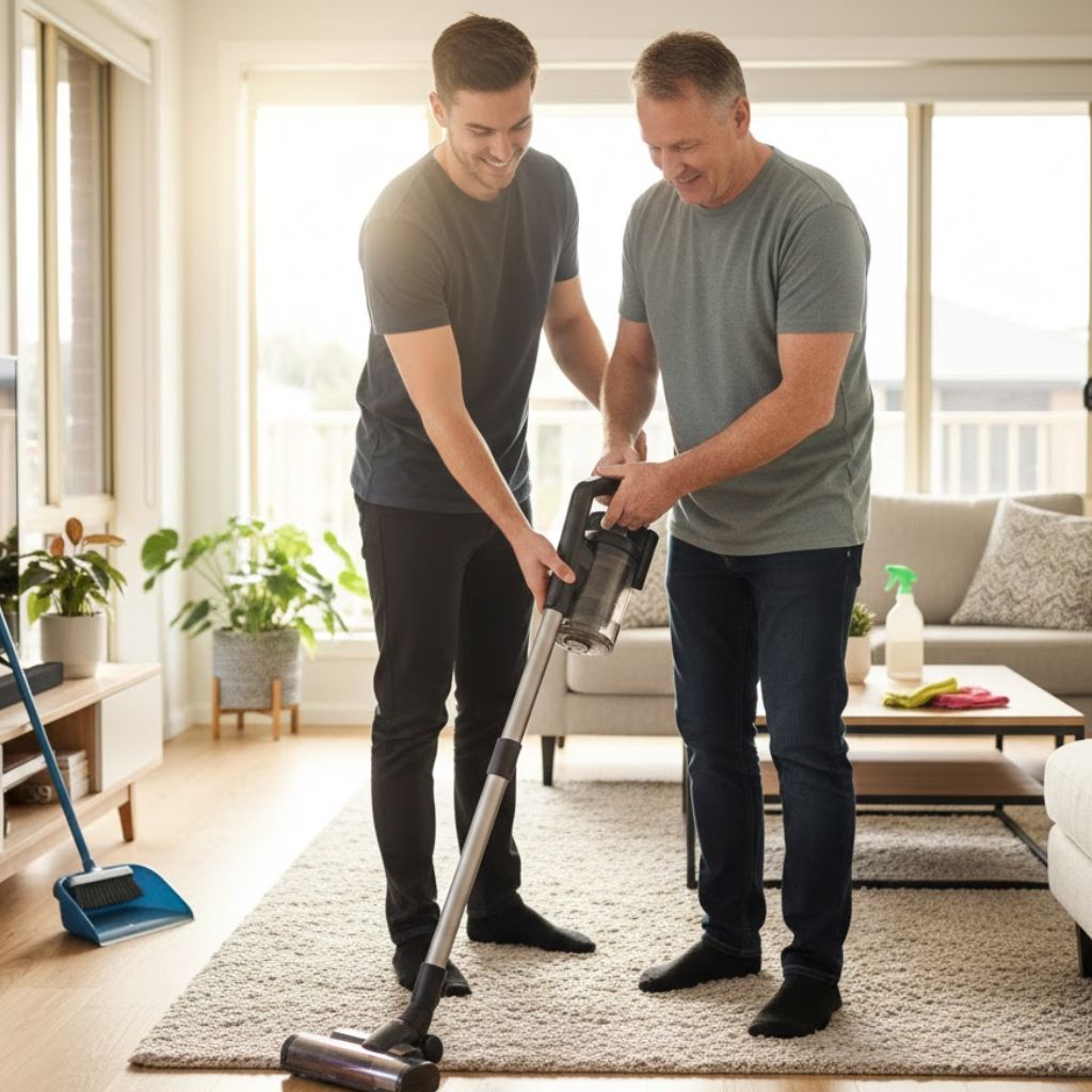 Support worker helping an NDIS participant with household cleaning tasks in Canberra