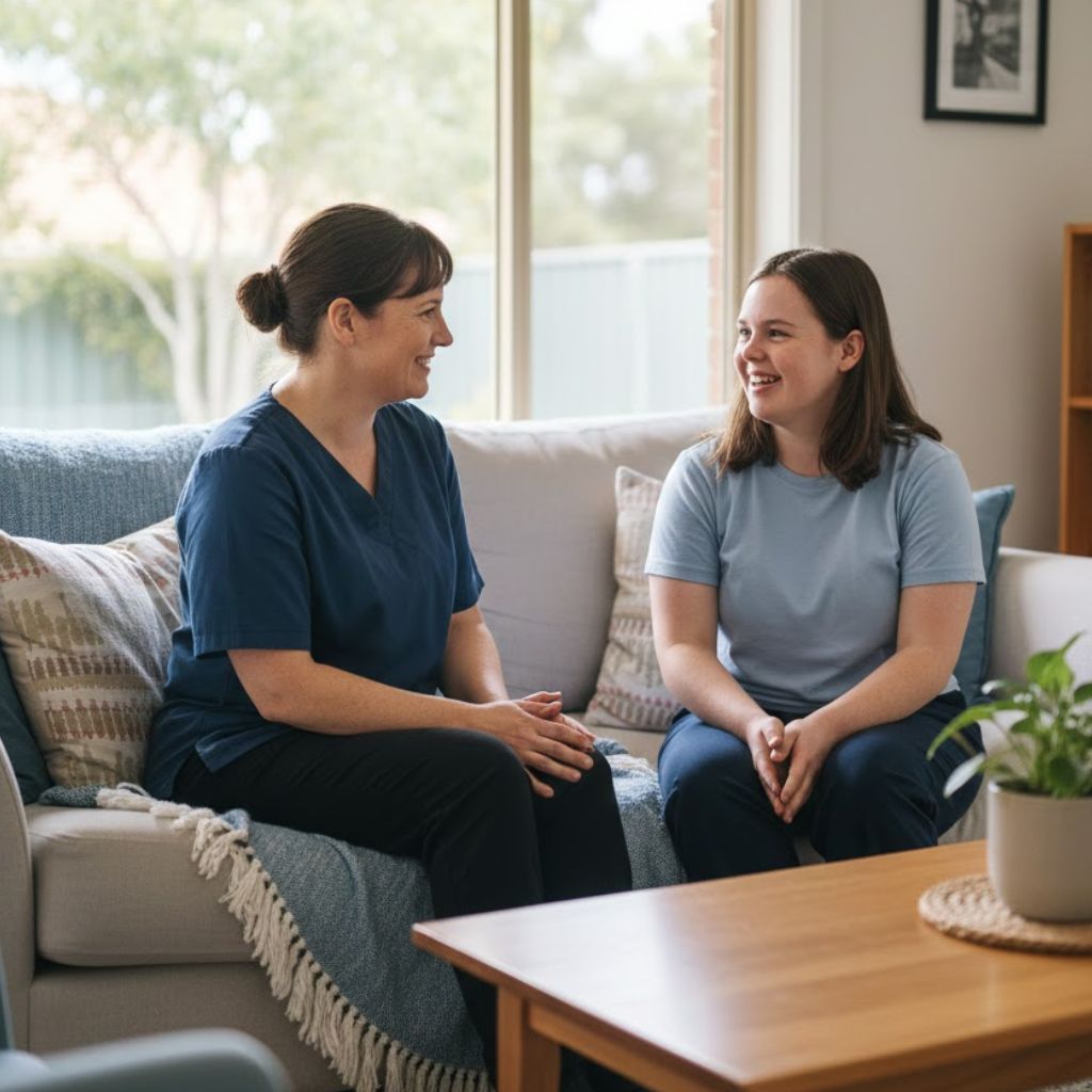Life Assist Abilities Support worker providing in-home disability support to a participant in their Canberra home