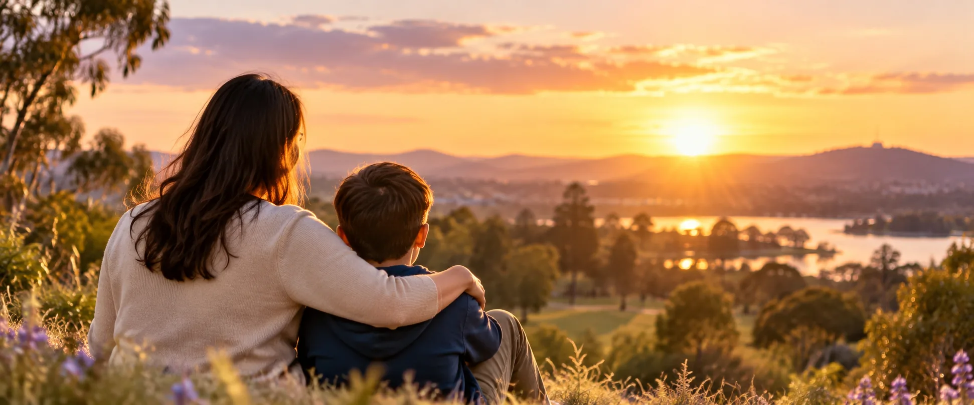 An adult with an arm around a child at sunset
