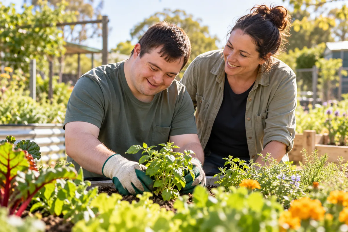 Participant learning gardening skills with support