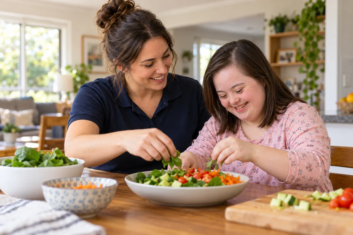 Support worker and participant preparing a meal together