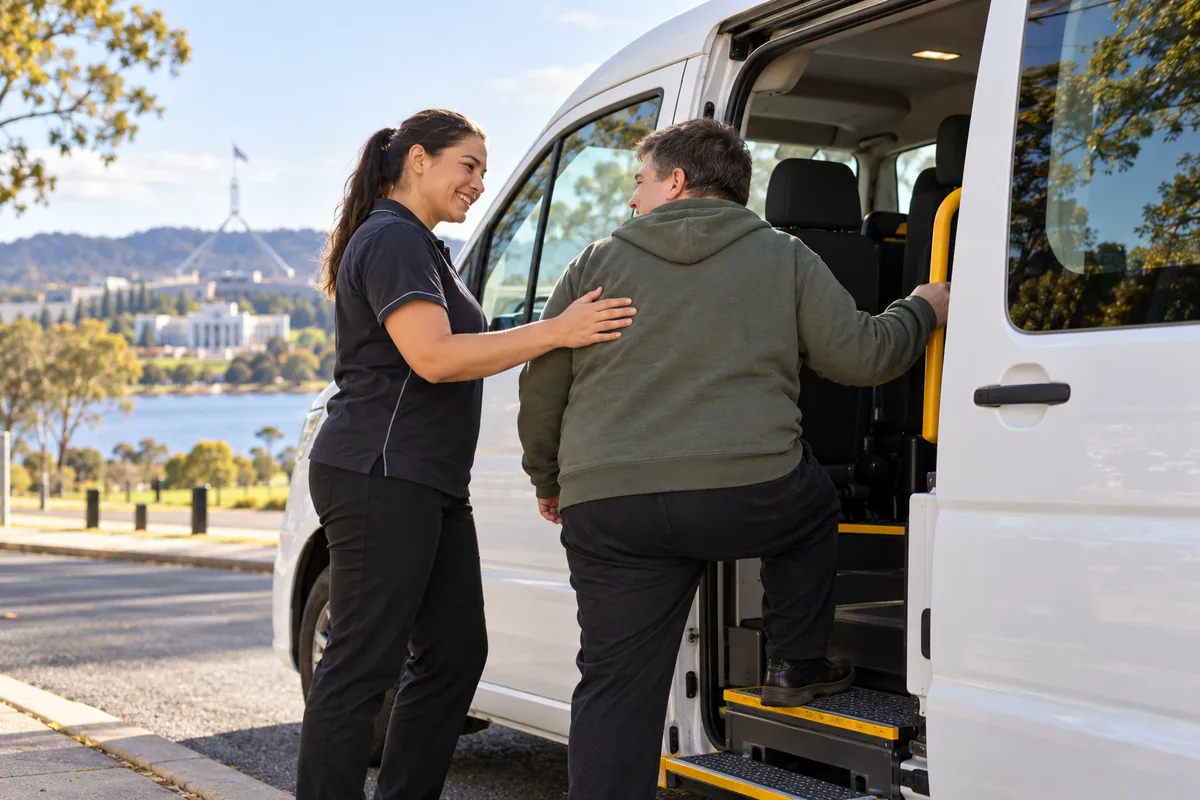 Support worker helping a participant enter an accessible vehicle
